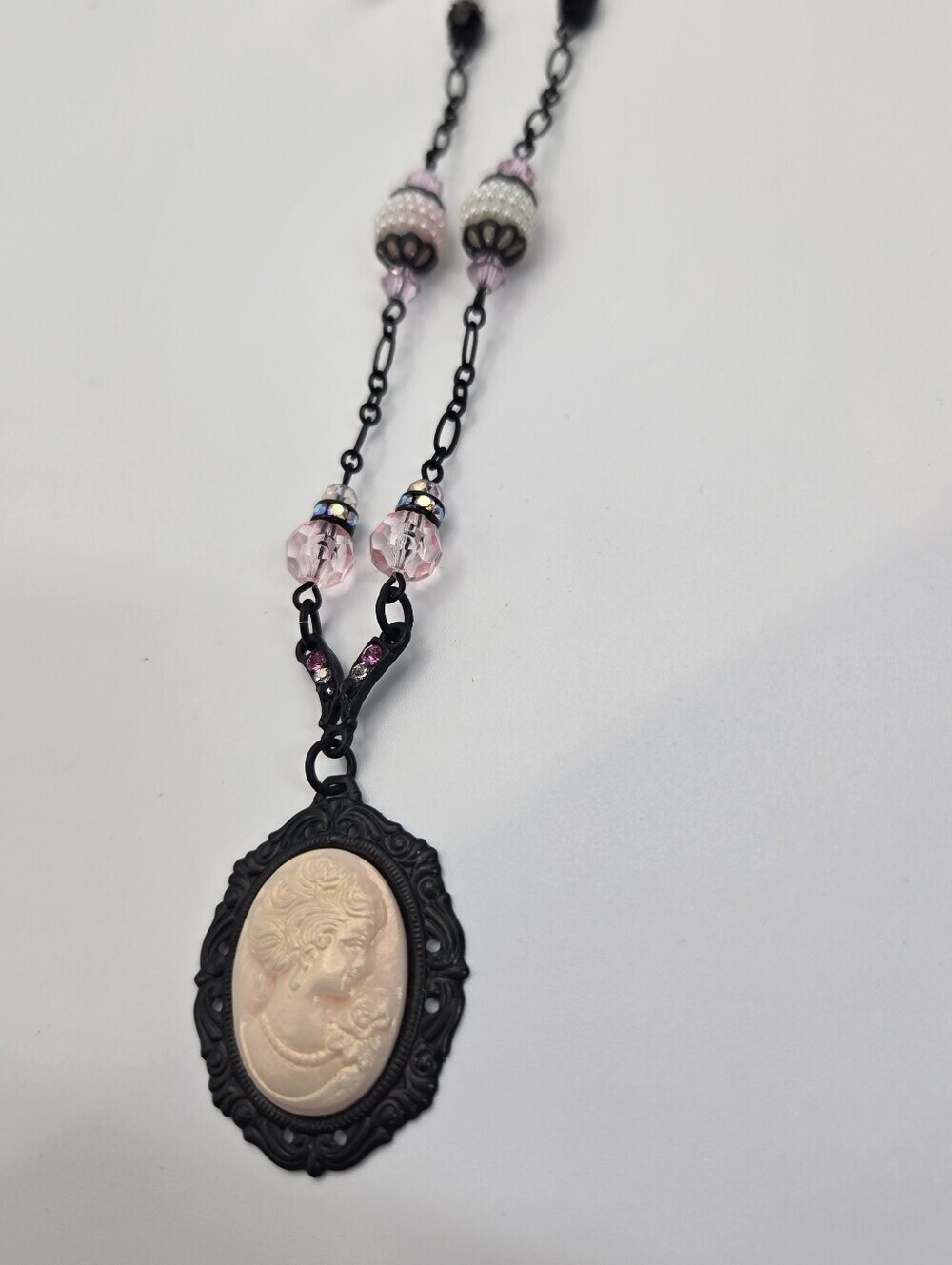 Victorian Style Cameo Pendant Necklace With Glass Beada Handmade